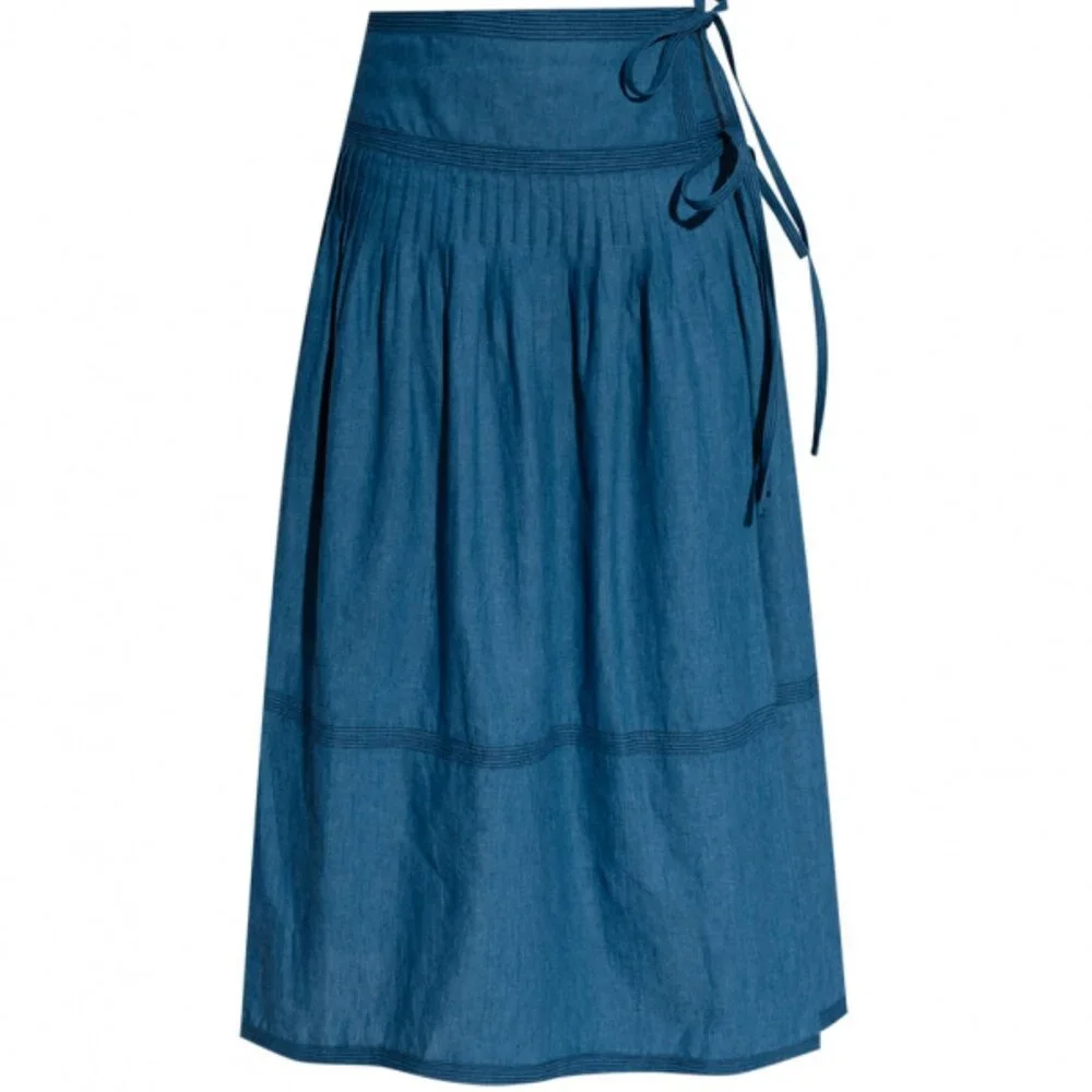 Tory Burch NWT Chambray linen blend pleated tiered wrap side tie midi skirt 6